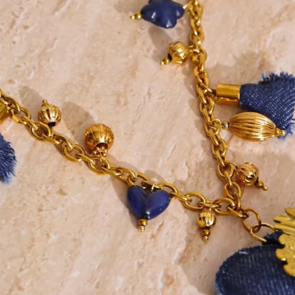 Blue Denim Heart Pendant Necklace – Statement Fashion Jewelry - Picture 4 of 9